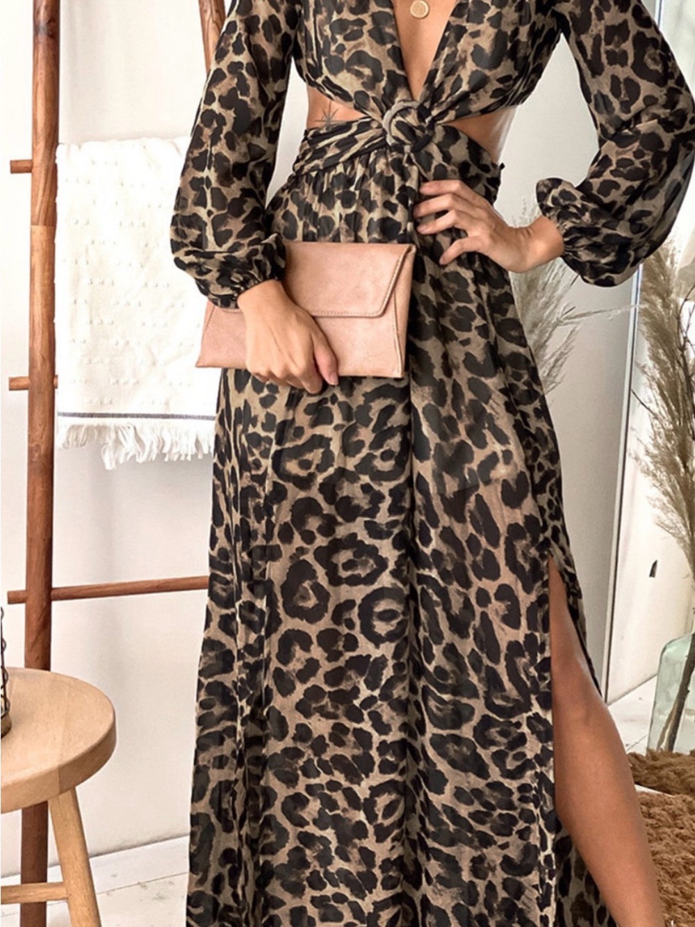 Boutique Leopard Print Maxi Dress in Brown with Tie-Front